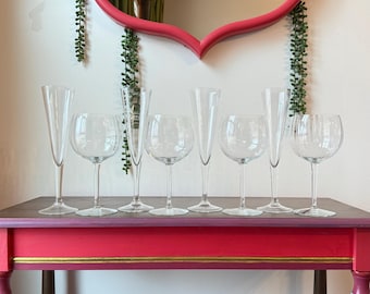 Vintage Optic Crystal Barware Set, 4 Balloon Wine Glasses, 4 Trumpet Flutes