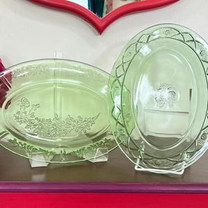 Uranium Green Depression Glass Serving Platters | Etched Green Glass Vintage Serving Tray Set | 1930s Vaseline Glass - Glows Under UV!