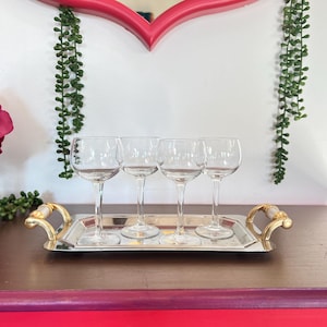 Set of 4 Vintage Cordial Glasses on Inlay Metal Tray | Clear Glass Vintage Barware Set of 4 Shot Glasses, Mini Cocktail Liquor Glasses
