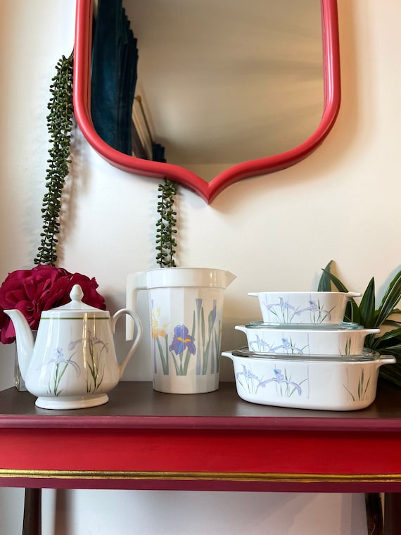 Vintage Corningware Shadow Iris Set: Casserole Dishes, Teapot