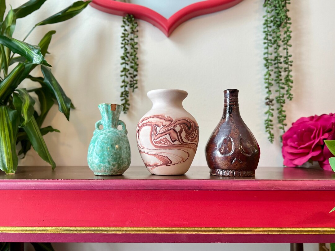 Vintage Pottery Vase Set Vintage Ceramic Vases Set of 3 Turquoise Drip