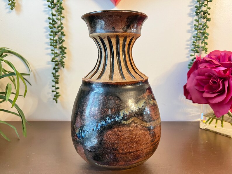 Studio Art Pottery Vase, Hand Thrown Ceramic Pitcher, Ribbed Neck ...