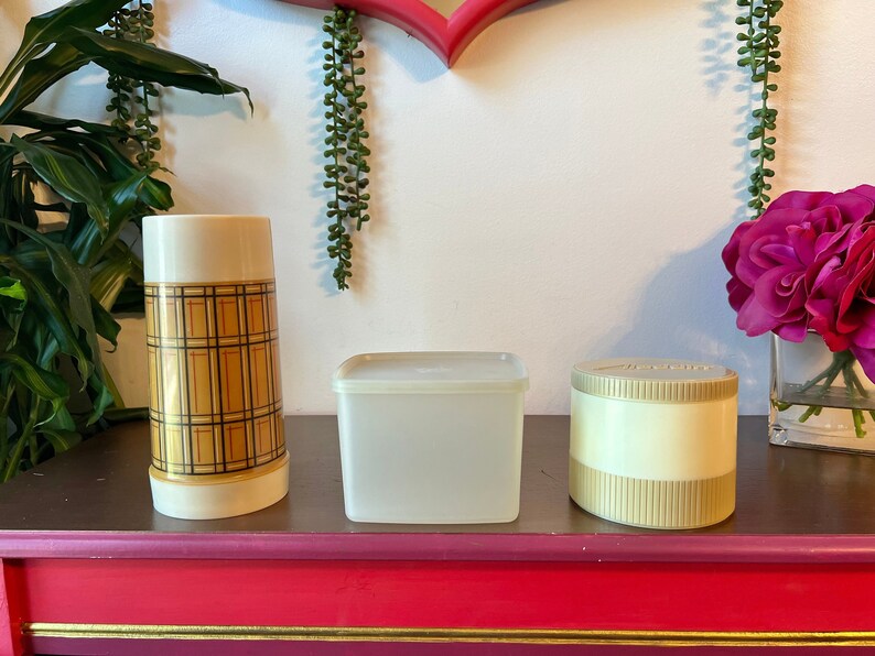 Vintage Thermos & Tupperware Set: Plaid Aladdin Thermos, Square ...