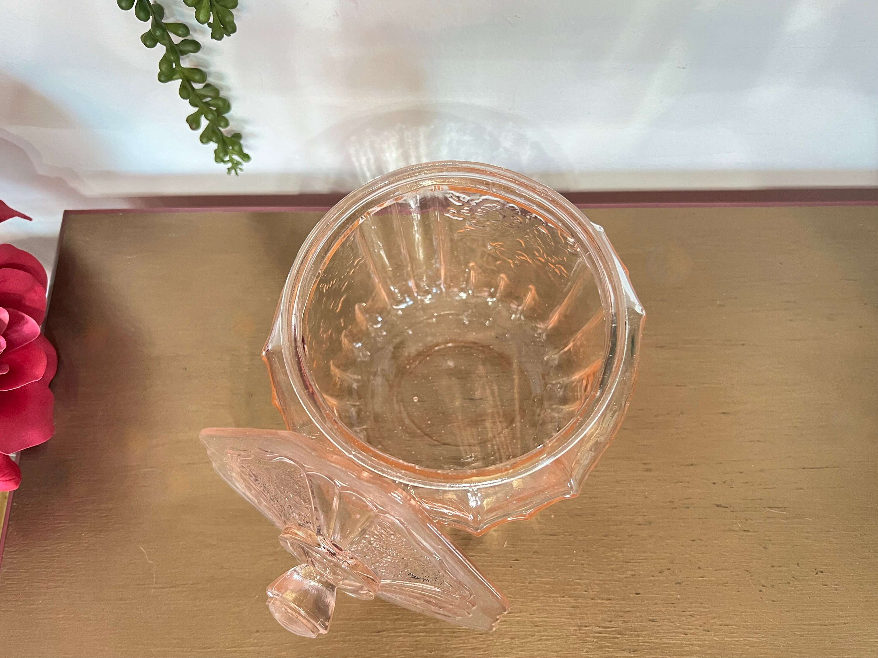 Vintage Pink Depression Glass Cookie Jar With Lid Pink Depression Glass Lidded Cookie Jar Pink