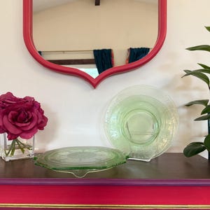 1930s Green Depression Uranium Glass Footed Cake Plate | Vintage 1930s Vaseline Glows Under UV | Glass Depression Serving Trays | Set of 3