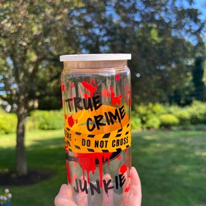 True Crime Junkie Can Shaped Cup| 16OZ | Glass Straw| Hand-painted Bamboo Lid |