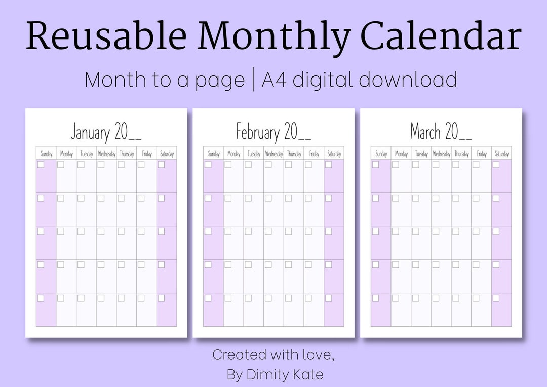 Reusable Monthly Calendar A4 Digital Download Etsy