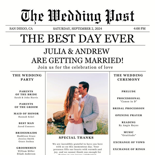 Newspaper Wedding Program Template, Editable Wedding Infographic, Unique Wedding Program, Printable Wedding Timeline, Wedding Word Search