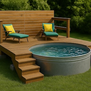 Stock Tank Pool / Cowboy Pool Deck Building Plans & SketchUp 3D Model | Purchases List With Links | Construction Drawings | Blueprints