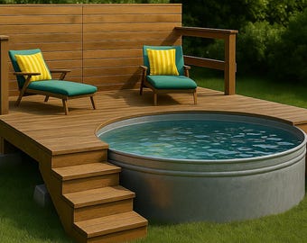 Stock Tank Pool / Cowboy Pool Deck Building Plans & SketchUp 3D Model | Purchases List With Links | Construction Drawings | Blueprints