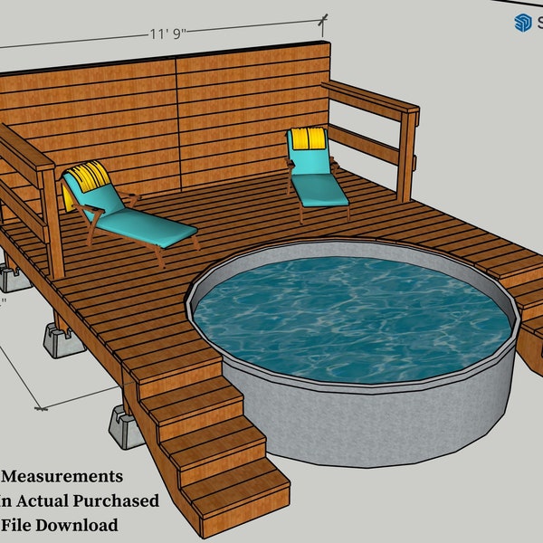 Stock Tank Pool / Cowboy Pool Deck Building Plans & SketchUp Modello 3D / Elenco acquisti con collegamenti / Disegni costruttivi / Cianografie