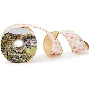 Authentic Mackenzie-Childs Ribbon, Rosy check. Gold Backing, Gold Trim, 2in by 1 yard, Wired Ribbon