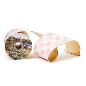Authentic Mackenzie-Childs Ribbon, Rosy check. Gold Backing, Gold Trim, 4in by 1 yard, Wired Ribbon