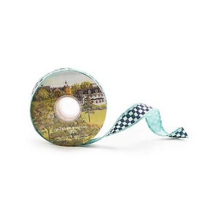 Authentic Mackenzie-Childs Ribbon, black and white courtly check. Aqua,  1 in by 1 yard, Wired Ribbon