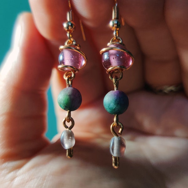 Froot Loops elegant dangle earrings made with glass and stone beads and wire wrapped in copper