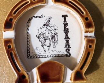 Vintage Texas Horseshoe Ceramic Ashtray Cowboy Rodeo Souvenir 1950s 60s
