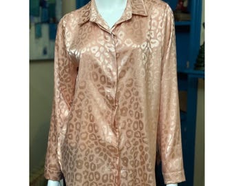Vintage ISIM Peach Leopard Print Button Down Shirt Size M