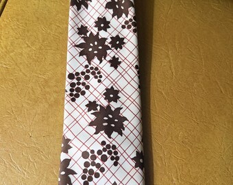 Vintage 70s Sears Wide Tie Brown Floral Grid Print Polyester