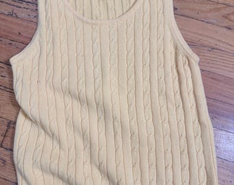 Vintage Pierre Cardin Cable Knit Sweater Vest Tank Pale Yellow Cotton Large