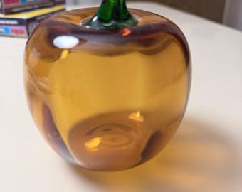 Vintage Hand Blown Amber Art Glass Pumpkin Figurine | 1960s 70s Studio Glass Paperweight