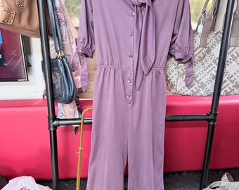 Vintage 70s 80s Mauve Jumpsuit JCPenney Bow Neck Ascot Sz 9