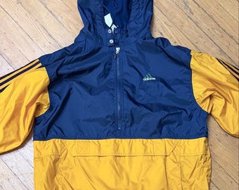 Vintage Adidas Hooded Pullover Windbreaker Jacket Navy Gold Yellow Retro 90s