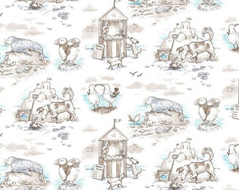 Sandy Toes Scenic Toile Taupe venduto tagliato su misura da Anita Jeram per Clothworks Fabric