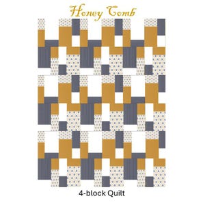 Può includere: Un design di trapuntatura con un motivo ripetuto di blocchi rettangolari in bianco, giallo senape e grigio scuro. I blocchi sono disposti in una griglia, con alcune sezioni a righe e decorate. Il testo "Honey Comb" e "4-block Quilt" sono visibili.