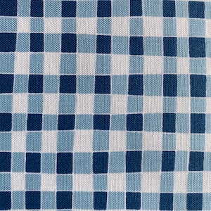 May include: A woven fabric featuring a repeating gingham check pattern in shades of dark navy blue, medium blue, and white. The textile displays a clear grid structure with alternating colored squares, showcasing a consistent and uniform weave texture.