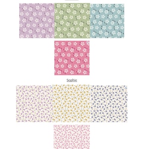 Puede incluir: Un conjunto de 10 muestras de tela con patrones florales. Las muestras están dispuestas en una cuadrícula con los nombres "Meadow" y "Sophie" impresos debajo de las muestras.