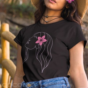 Wahine Plumeria T-Shirt, Pink Plumeria Flower Shirt, Polynesian Woman Line Art, Beautiful Abstract Female Design, Pacific Islander Beauty