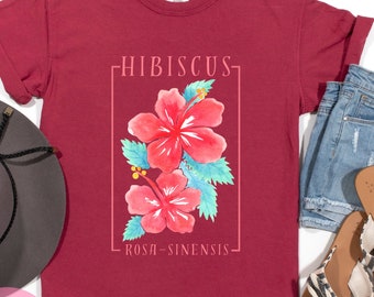 Koszulka z kwiatem hibiskusa, koszulka z botanicznym kwiatem Hibiscus Rosa Sinensis, koszulka z akwarelowymi kwiatami, kwiat stanowy Hawajów, koszulka z tropikalnym kwiatem