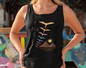 E Ala E Awaken Arise Tank Top, Boho Iwa Bird Sunrise Hawaiian, Olelo Hawaii Kumu Gift, Iwa Bird Rising Up from the Ocean, Womens Fitness Top