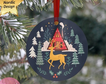Vintage Nordic Christmas Ornament, Reindeer Folk Art Ornament, Scandinavian Christmas Eve Ornament, Nature Lover Ornament, Metal Ornament