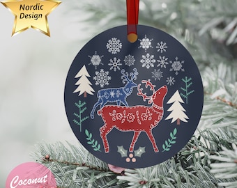 Vintage Nordic Christmas Ornament, Scandinavian Deer Ornament, Nordic Reindeer Ornament, Nature Lover Ornament, Metal Ornament, Folk Art