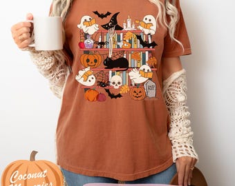 Camiseta de Halloween con fantasmas leyendo, linda camiseta de Halloween Comfort Colors®, camiseta de temporada espeluznante, regalo espeluznante para maestros, regalo espeluznante para bibliotecarios