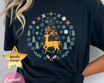 Scandinavian Christmas Shirt, Nordic Christmas Eve Shirt, Norwegian Folk T-shirt, Winter Forest Tee, Cottage Core Hygge Shirt, Folk Art Tee