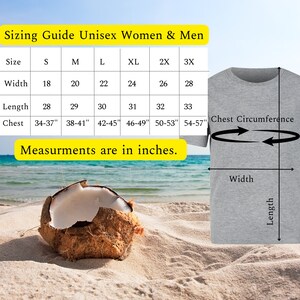 May include: Sizing chart for unisex t-shirts with measurements in inches for width, length, and chest circumference. The chart shows sizes from S to 3X.