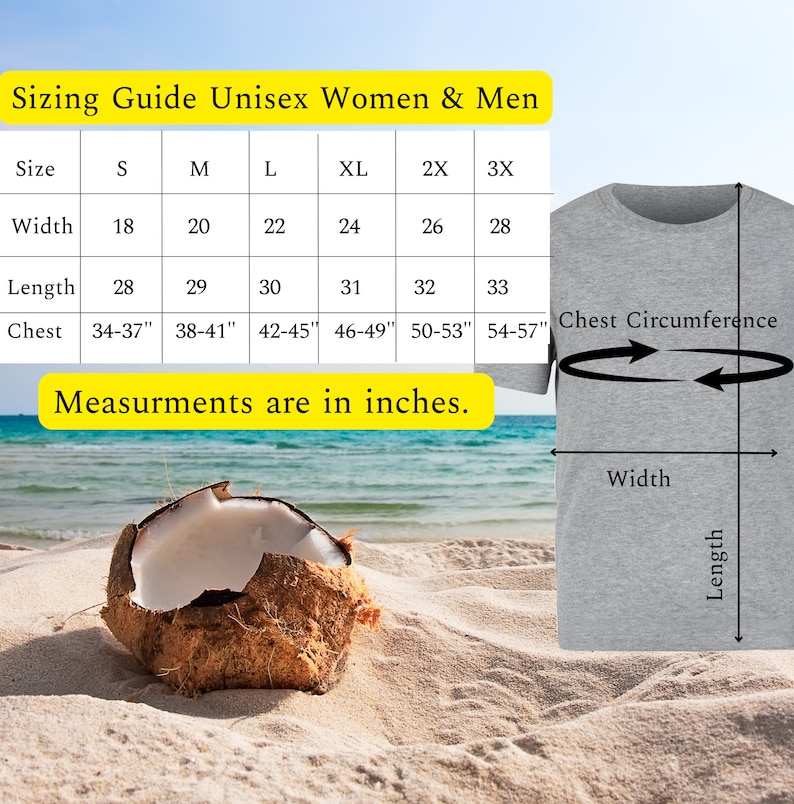 May include: Sizing chart for unisex t-shirts with measurements in inches for width, length, and chest circumference. The chart shows sizes from S to 3X.