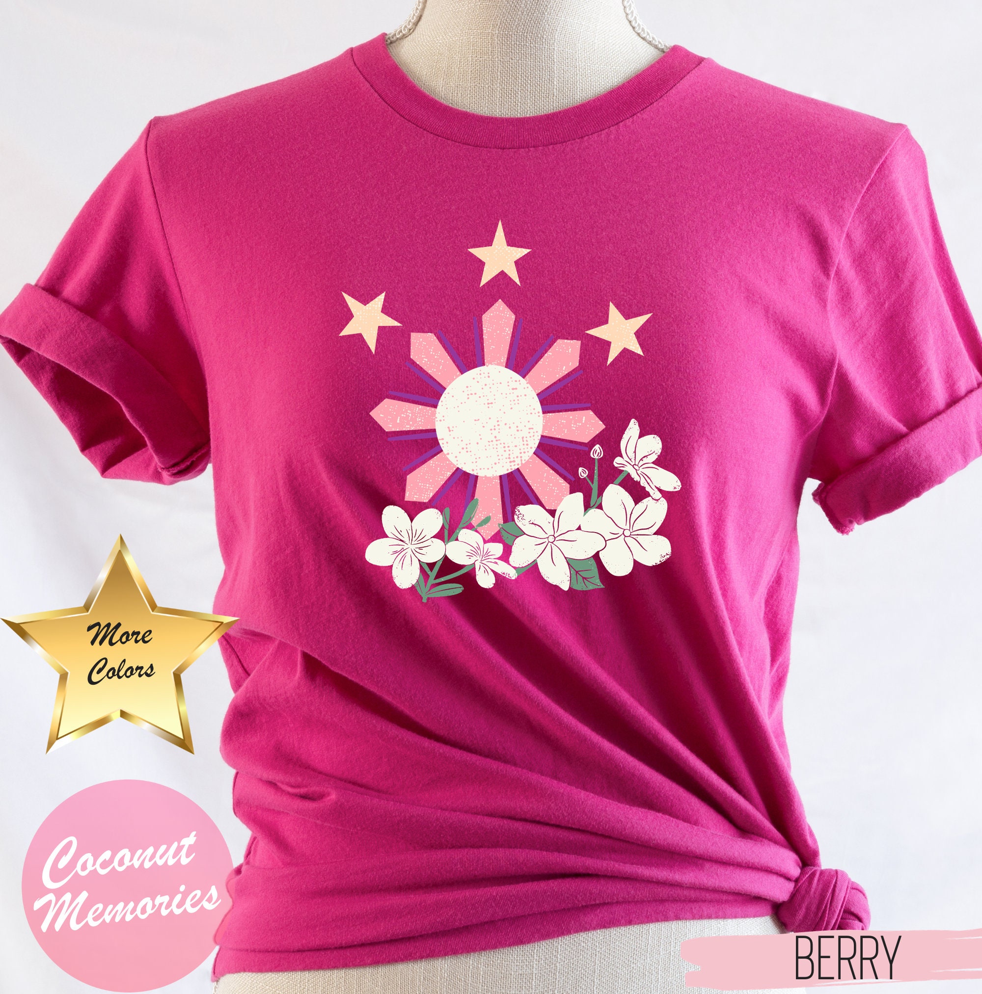 Philippines Sampaguita Shirt, Jasmine Flower Tee, Philippines Sun and Stars T-Shirt, Filipino Pride Gift, FILAM Clothing, Filipina Gift Tee