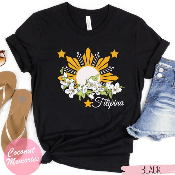 Filipina Sampaguita Shirt, Philippines Sun and Stars T-Shirt, Filipina Pride Tee, Pinay Gift, Filipina Gift, Jasmine Flower Design