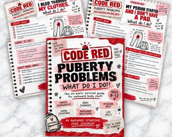 Op de afbeelding: Drie spiraalgebonden informatiegidsen getiteld Code Red Puberty Problems. De covers bevatten rode en zwarte tekst op wit papier met illustraties van een rugzak en kleding. De gidsen bieden advies voor 8- tot 12-jarigen over menstruatienoodgevallen, lichaamsveranderingen, hygiëne, schoolsituaties en ongemakkelijke vragen.