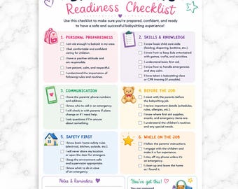 May include: A Babysitting Readiness Checklist printed on white paper. The document features six sections: Personal Preparedness, Skills & Knowledge, Communication, Before the Job, Safety First, and While on the Job, with checkboxes and colorful icons.