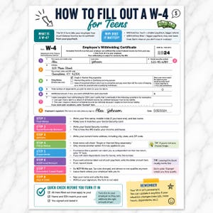 Könnte beinhalten: Ein Informationsblatt mit dem Titel How to Fill Out a W-4 for Teens, das ein ausgefülltes Musterformular des IRS W-4 für 2024 für Alex Johnson sowie farbcodierte Schritt-für-Schritt-Anleitungen und Tipps zum Ausfüllen der einzelnen Abschnitte enthält.