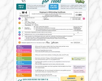 Op de afbeelding: Een instructiedocument getiteld How to Fill Out a W-4 for Teens, met een voorbeeld van een 2024 IRS W-4 formulier ingevuld voor Alex Johnson, inclusief stapsgewijze kleurgecodeerde handleidingen en tips voor het invullen van elk onderdeel.