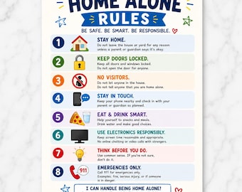 May include: A white poster titled HOME ALONE RULES with the subtitle BE SAFE. BE SMART. BE RESPONSIBLE. It lists eight numbered safety guidelines with icons including a house, lock, phone, pizza, screen, lightbulb, and phone with 911 text.