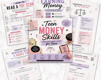 Op de afbeelding: Een verzameling educatieve werkbladen getiteld Teen Money Skills, met modules over het lezen van loonstrookjes, het begrijpen van bruto versus netto loon, minimumloon en het berekenen van gewerkte uren, versierd met roze en paarse accenten.
