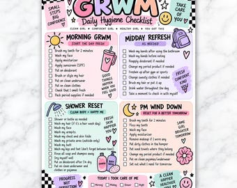 Op de afbeelding: Een kleurrijke GRWM dagelijkse hygiënechecklist gedrukt op papier, met vier secties: Morning GRWM, Midday Refresh, Shower Reset en PM Wind Down. Het ontwerp bevat pastelkleurige achtergronden, zwart-wit geblokte randen en diverse iconen zoals een zon, maan, rugzak en waterfles, met tekst die de hygiënetaken beschrijft.