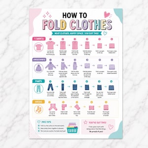Könnte beinhalten: Ein Lehrplakat mit dem Titel HOW TO FOLD CLOTHES mit farbenfrohen Grafiken und Text. Es bietet schrittweise visuelle Anleitungen zum Falten von T-Shirts, Sweatshirts, Hosen und Socken, einschließlich nummerierter Symbole und beschreibendem Text.