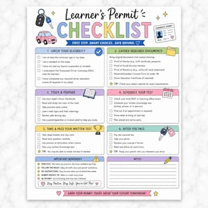 Könnte beinhalten: Eine Checkliste für den Führerschein mit bunten Überschriften und Symbolen wie einem Auto, Schlüsseln, einem Pokal und einem Kalender. Der Text beschreibt sechs Schritte zum Erhalt des Führerscheins, einschließlich der Voraussetzungen und Prüfungen.